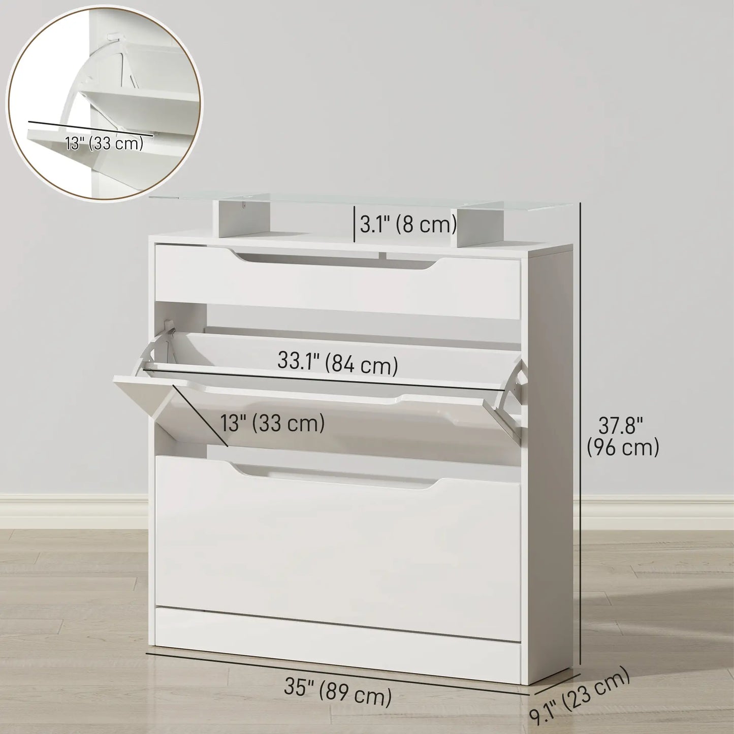 High Gloss Shoe Cabinet, 2 Flip Drawers, Adjustable Shelves, Glass Top, White Shoe Storage Cabinets & Racks at Gallery Canada