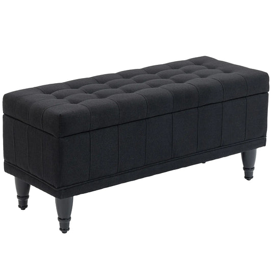 Pouf de rangement, Tissu en lin, Capitonnage boutonné, Noir