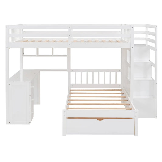 Over Twin Bunk Bed with Desk, Drawers, Shelves, 98" L x 80" W x 64.5" H, White Bed Frames White at Gallery Canada