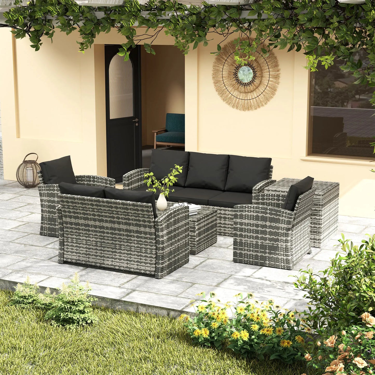 6-Piece Wicker Patio Furniture Set, 7-Seater with Cushions, Black Patio Furniture Sets at Gallery Canada