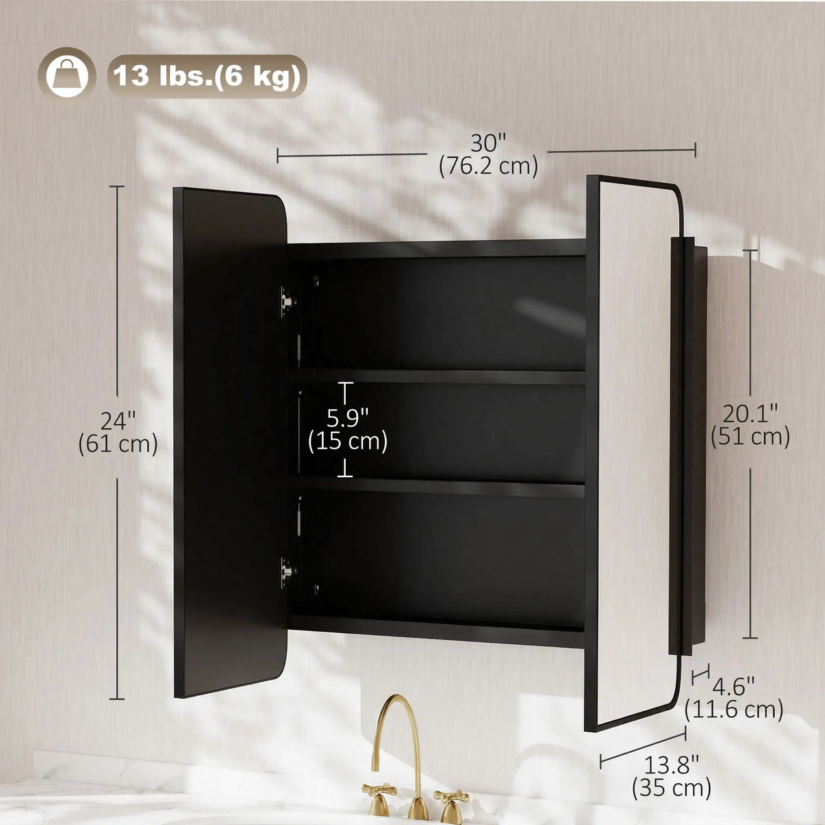 30 x 24 Inch Bathroom Medicine Cabinet, Mirror, Shelves, Black