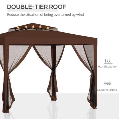 10' x 10' Outdoor Canopy Tent, Mesh Netting, Double Tier Roof, Brown Gazebos at Gallery Canada