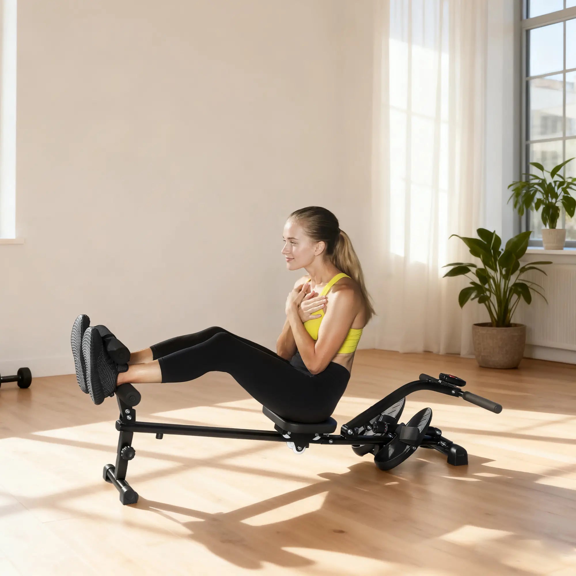 Hydraulic Rowing Machine with LCD Monitor, Sit-Up Function for Home Gym, Black Aerobic Equipment at Gallery Canada