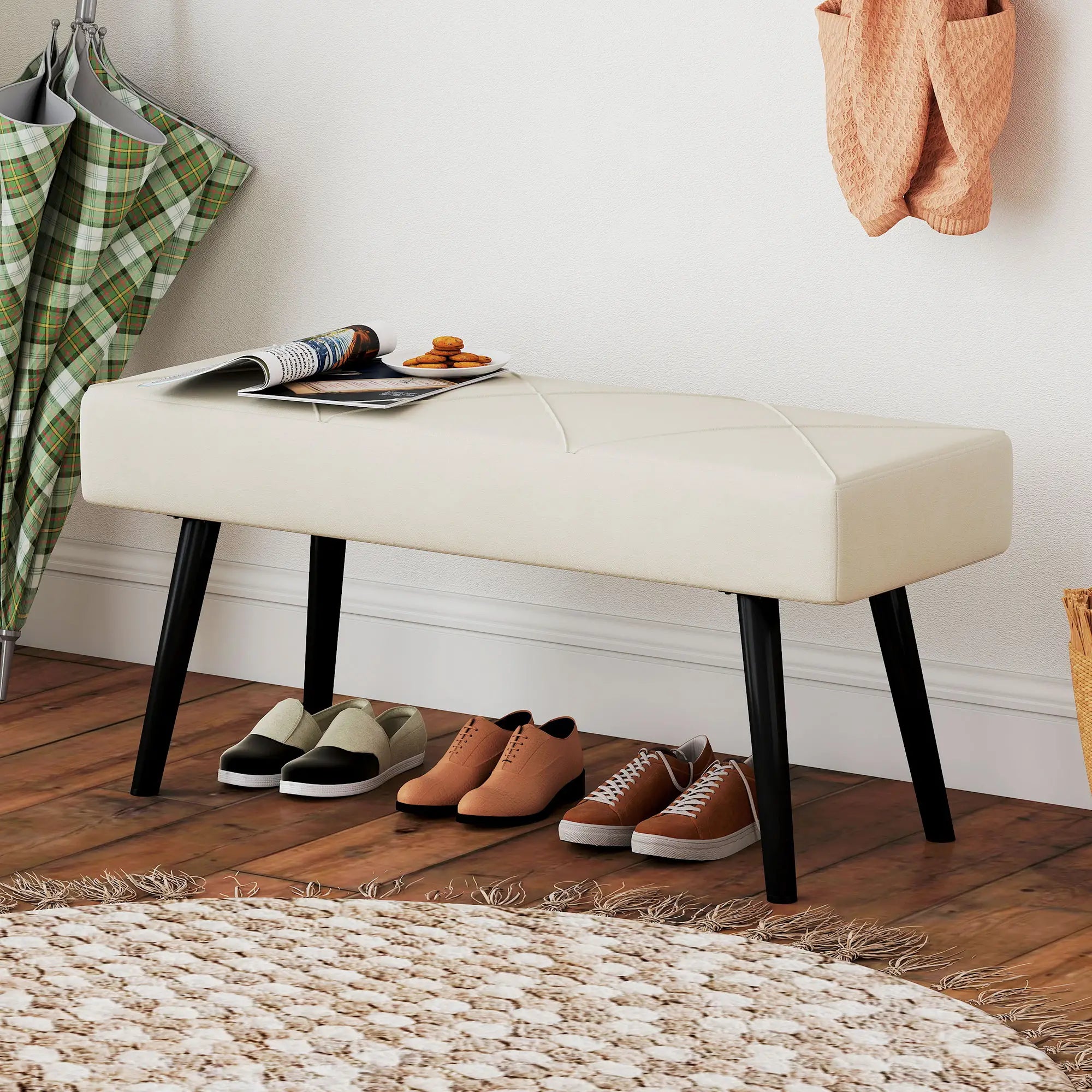 39 Inches Upholstered Bedroom Bench, Modern, Cream White Storage Ottomans & Benches at Gallery Canada