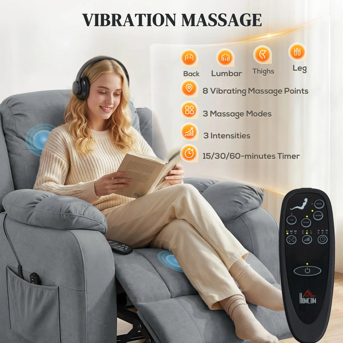 Massage Recliner Chair, Quiet Brushless Motor, Pet-Friendly Fabric, 2 Memory Positions, Grey Single Sofas at Gallery Canada