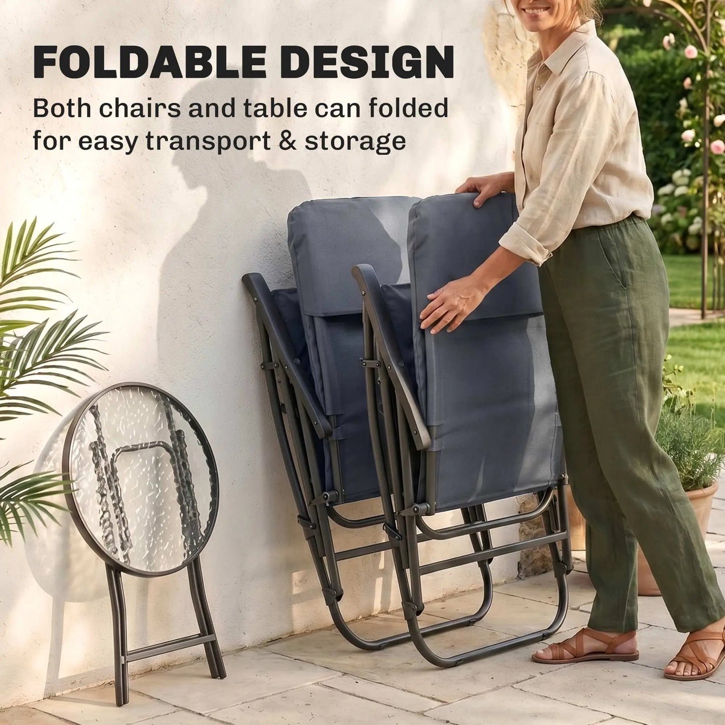 3pc Foldable Rocking Chair Set, Outdoor Bistro w/ Padded Seat, Blue Outdoor Rocking Chairs at Gallery Canada