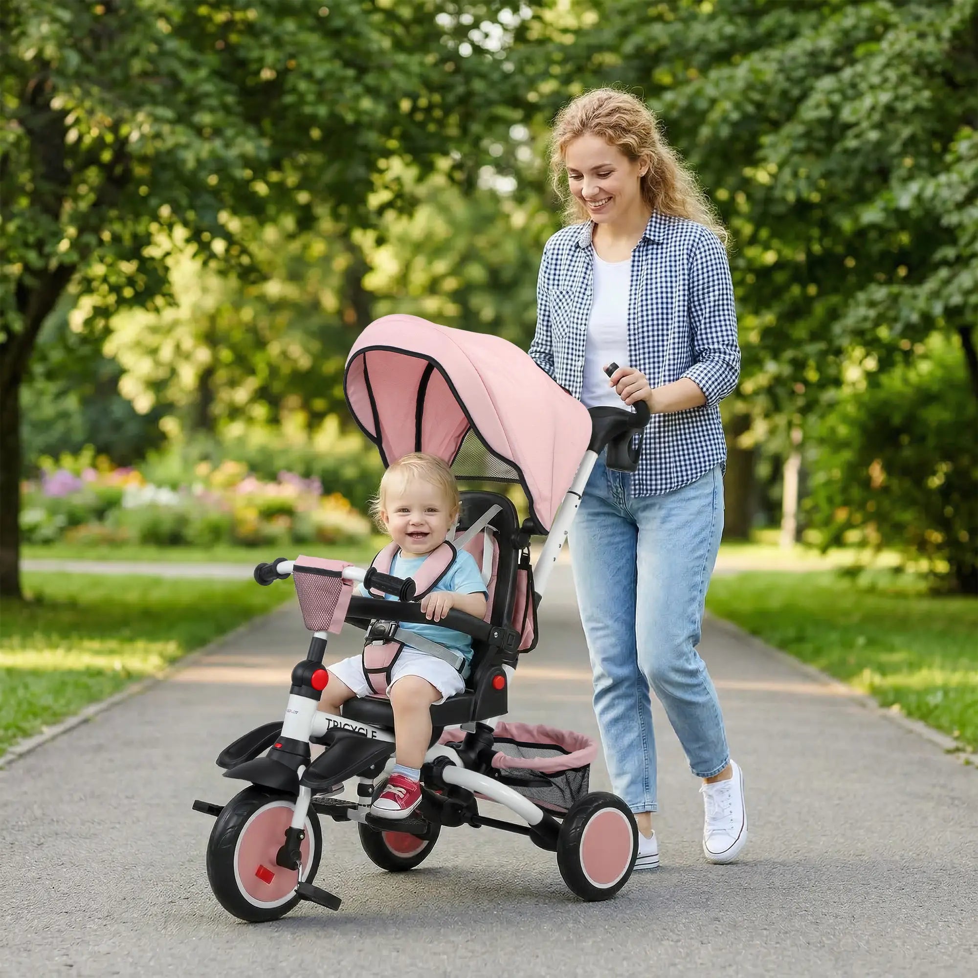 6 in 1 Toddler Tricycle, Push Handle, Removable Canopy, Rotatable Seat, Pink Tricycles for Kids at Gallery Canada
