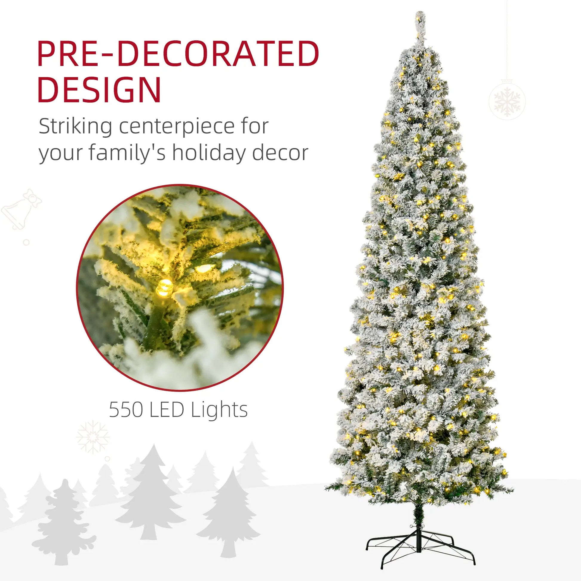 9 Feet Prelit Snow Flocked Pencil Christmas Tree, Warm White LED, Green Pre Lit Christmas Trees at Gallery Canada