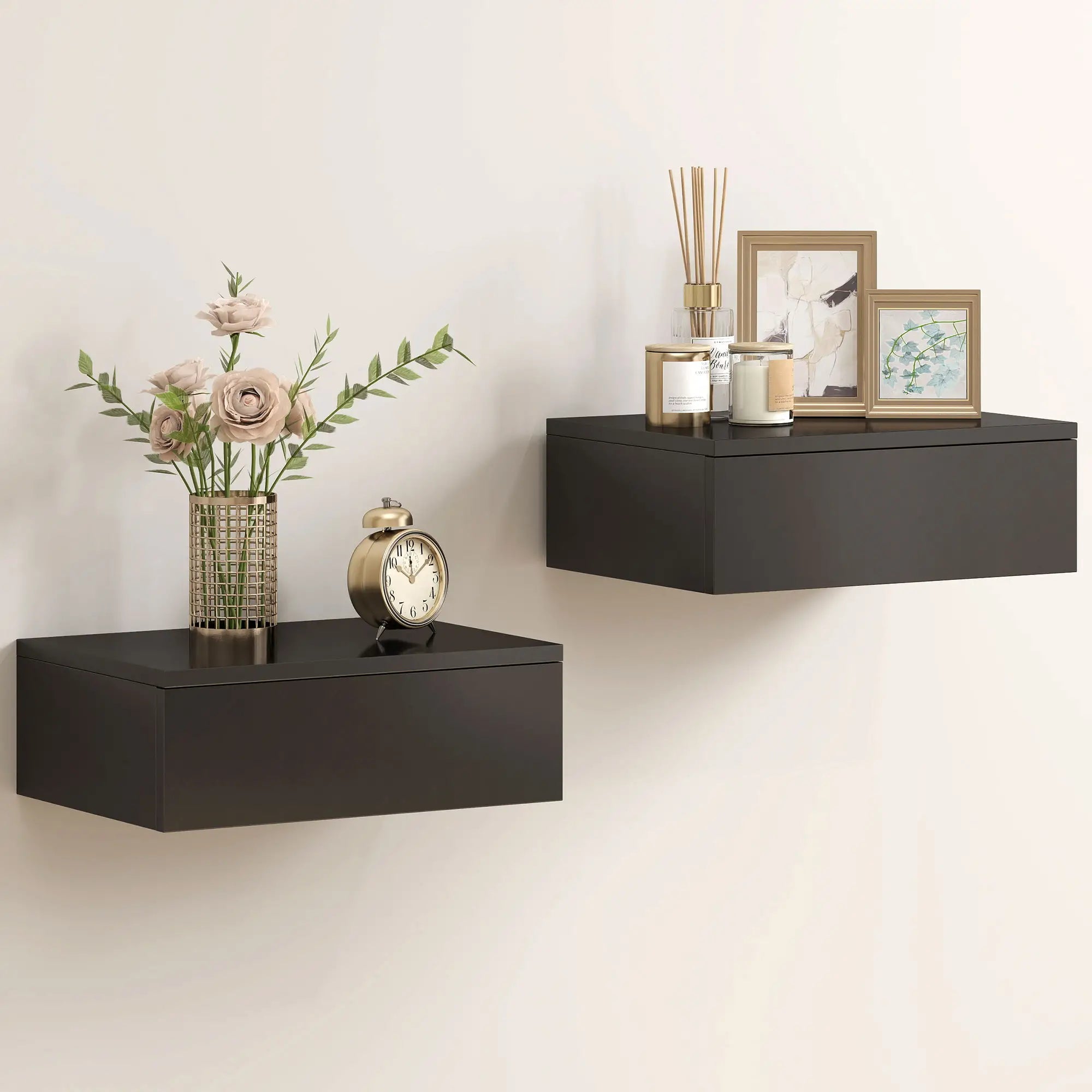 Set Of 2 Wall Mounted Bedside Tables, Floating Nightstands With Drawer, Black Bedside Tables at Gallery Canada