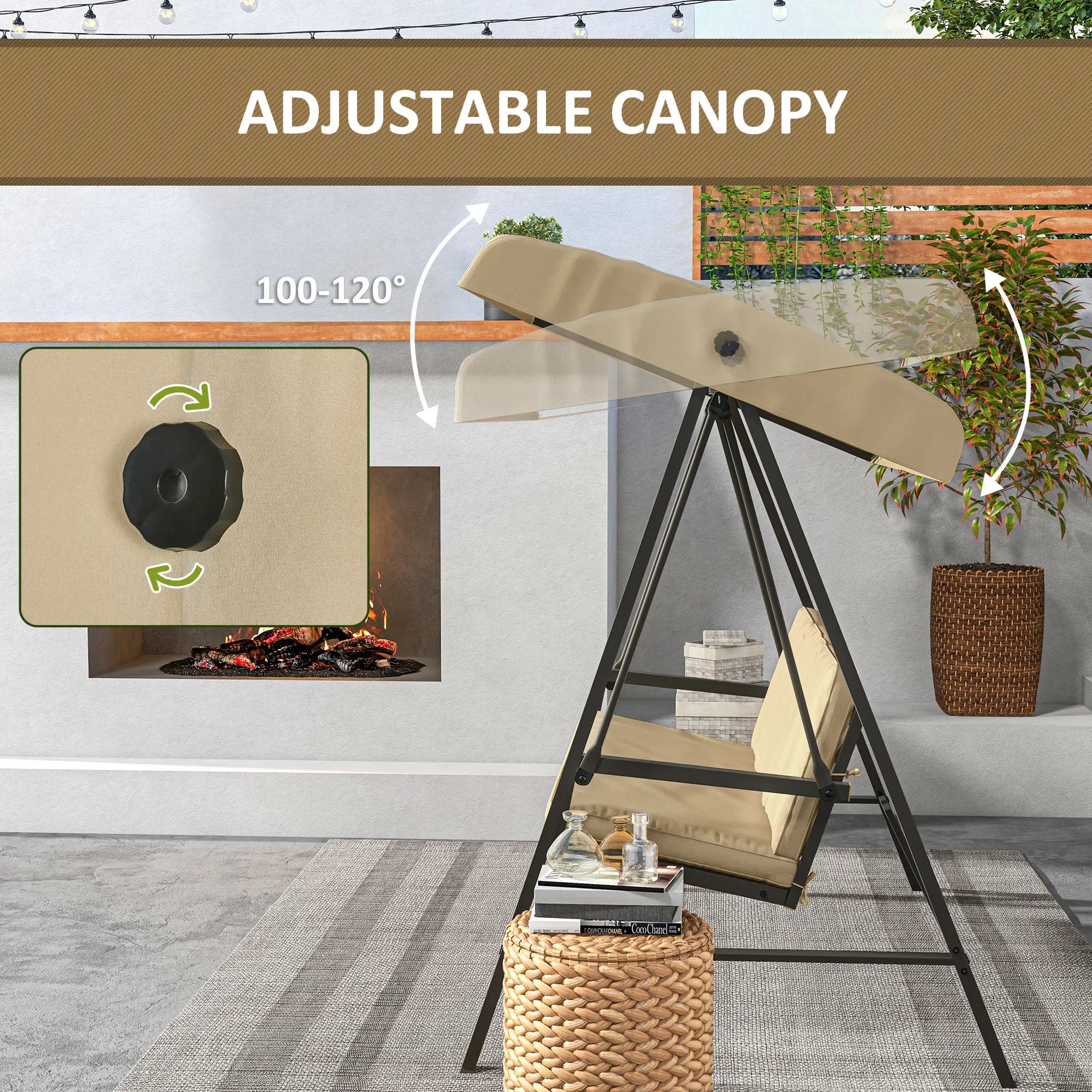 3 Seater Patio Swing Chair, Adjustable Canopy, Removable Cushions, Beige Patio Swings with Stand at Gallery Canada