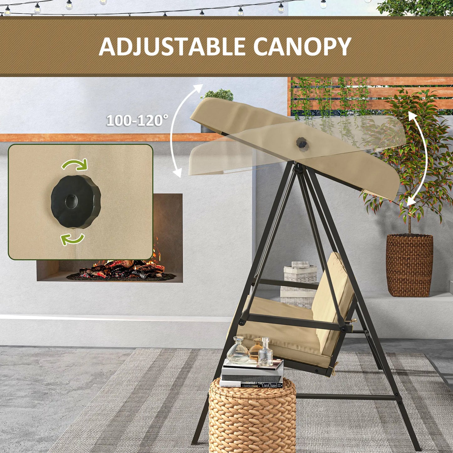 3 Seater Patio Swing Chair, Adjustable Canopy, Removable Cushions, Beige Patio Swings with Stand at Gallery Canada