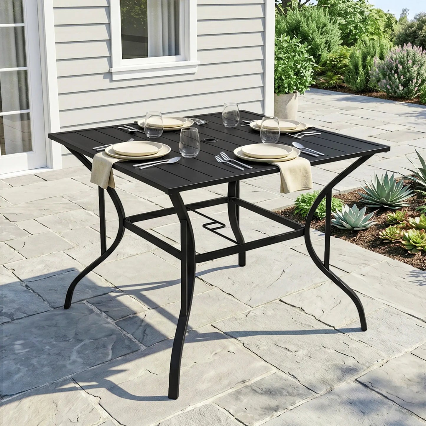 Outdoor Dining Table for Four, Square Garden Table with Slatted Metal Top, Black Patio Dinning Tables at Gallery Canada