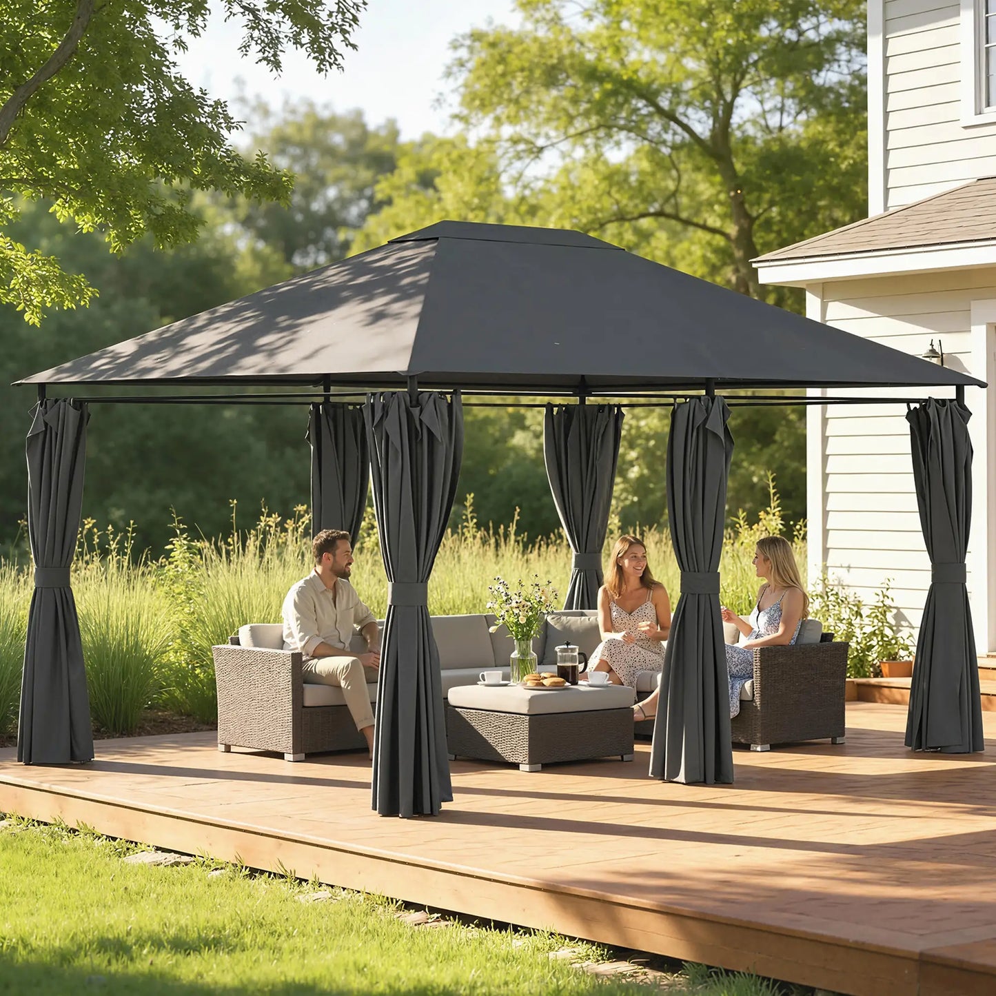 13'x10' Steel Patio Gazebo Canopy, 6 Removable Curtains, Dark Grey Gazebos at Gallery Canada