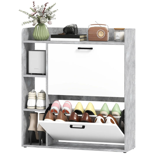 Shoe Cabinet with 2 Flip Drawers, 3 Side Compartments, Adjustable Shelves, 8-12 Pairs for Entryway Hallway, Grey Shoe Storage Cabinets & Racks Concrete Grey and White at Gallery Canada