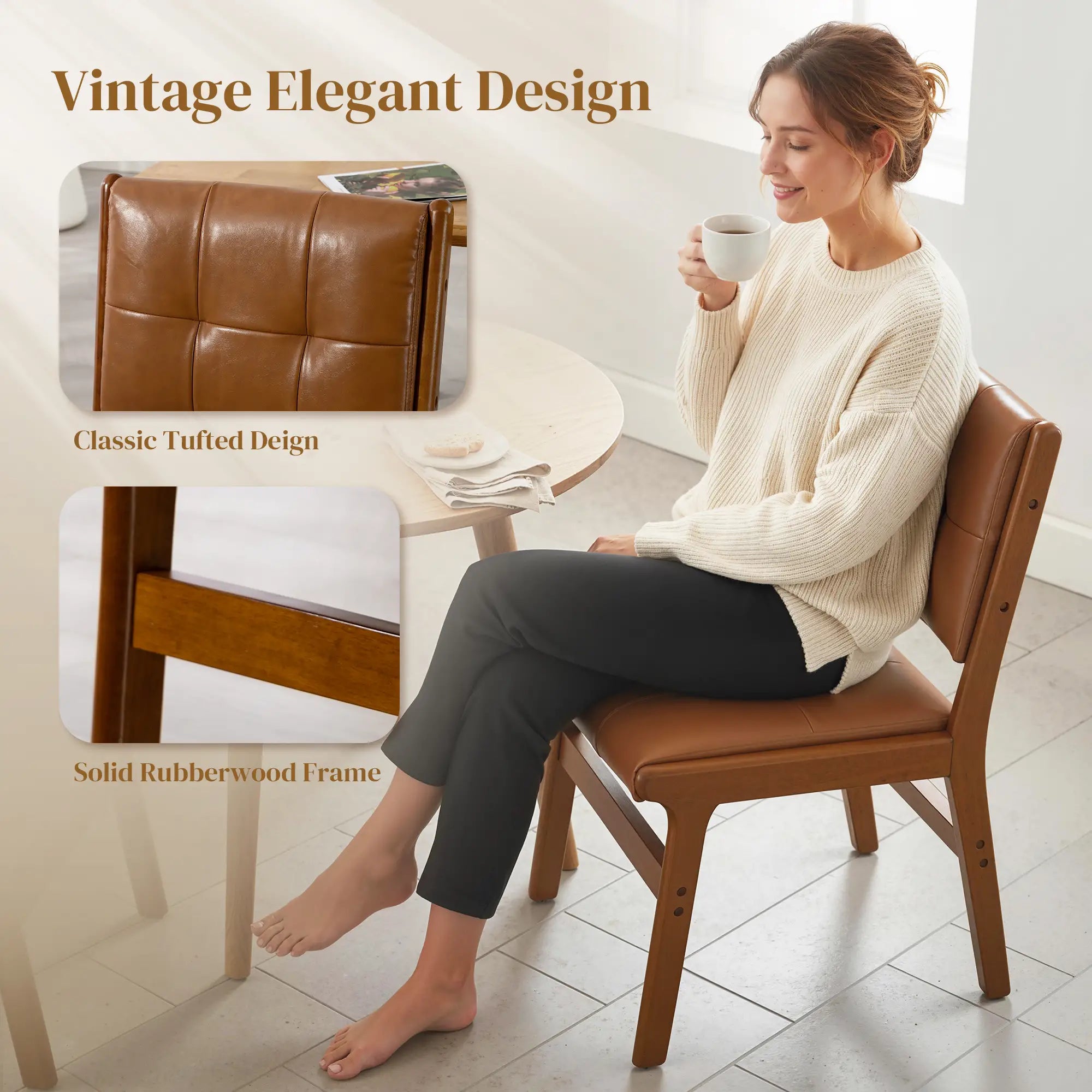 Set of 2 Kitchen Chairs, Button Tufted PU Leather Dining Chairs, Brown Dining Chairs at Gallery Canada