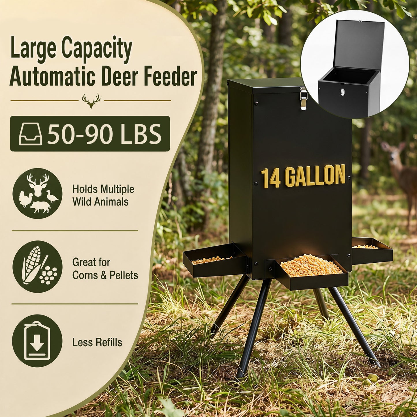90LB Gravity Deer Feeder, 4 Trays, Black