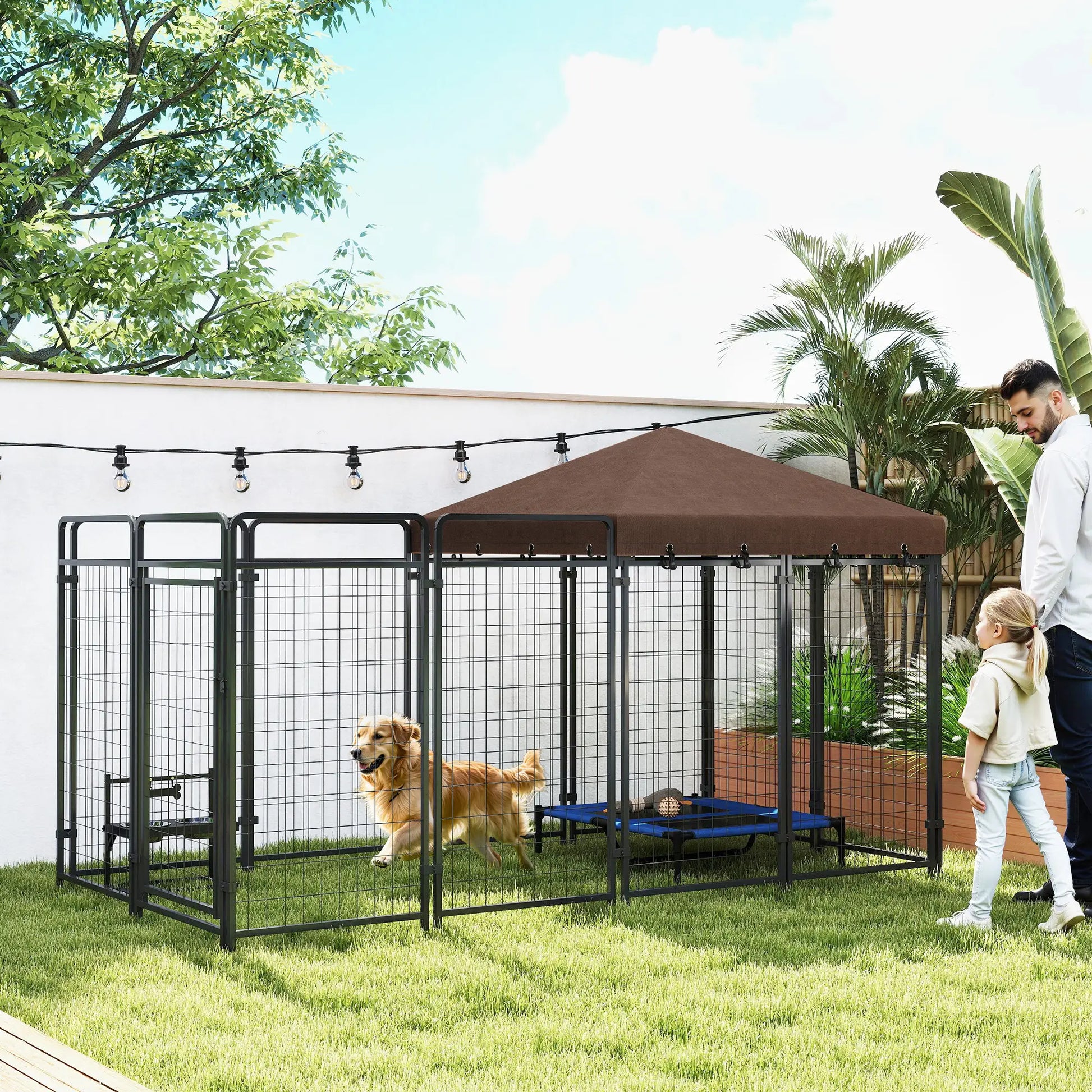 Outdoor Dog Kennel with Waterproof Canopy, Galvanized Chain Link Run, Black Houses, Kennels & Pens at Gallery Canada