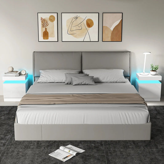 Nightstand Set of 2, LED Lights, 2 Drawers, White