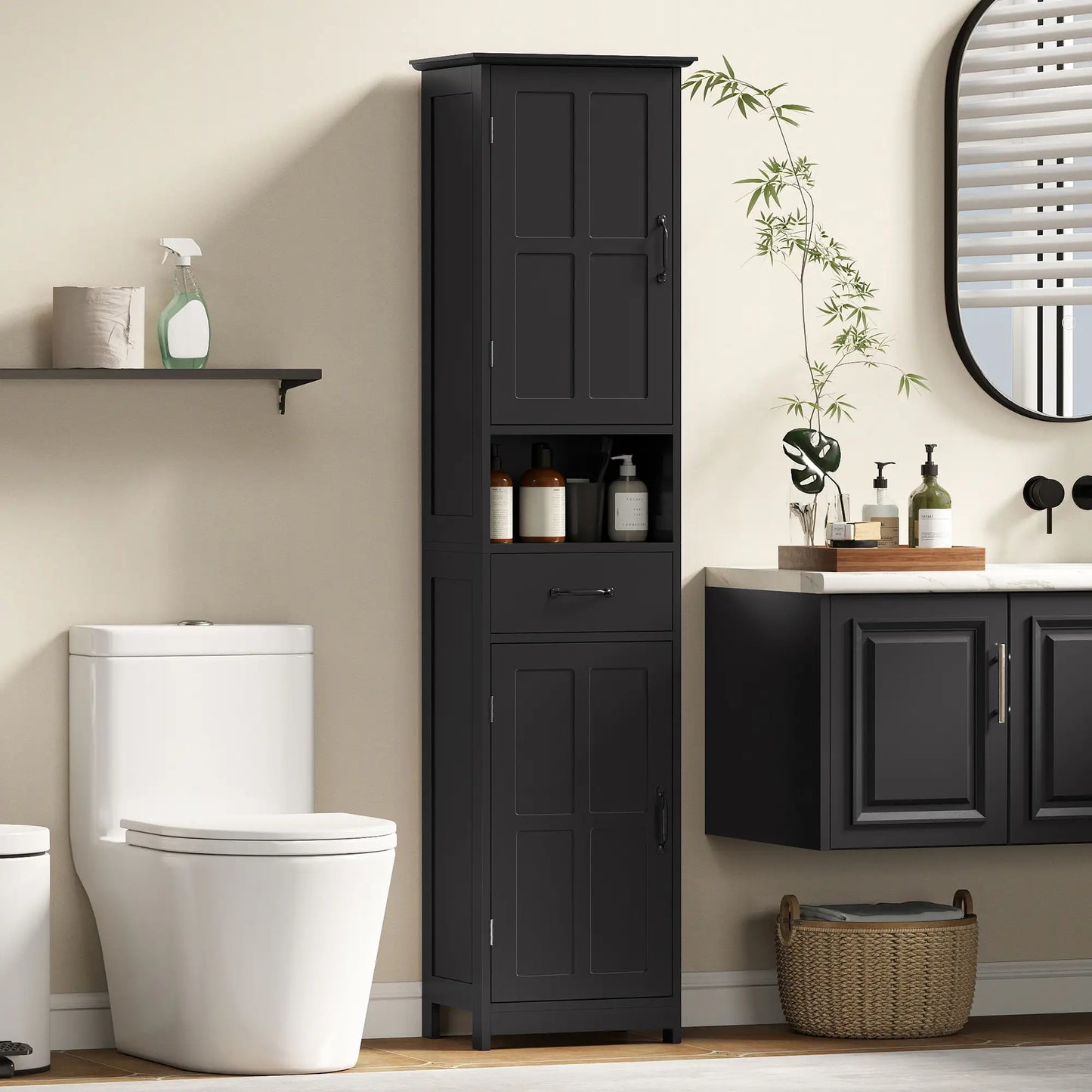 Modern Bathroom Cabinet, Narrow Vanity with Shelf and Drawer, Black Freestanding Bathroom Cabinets at Gallery Canada