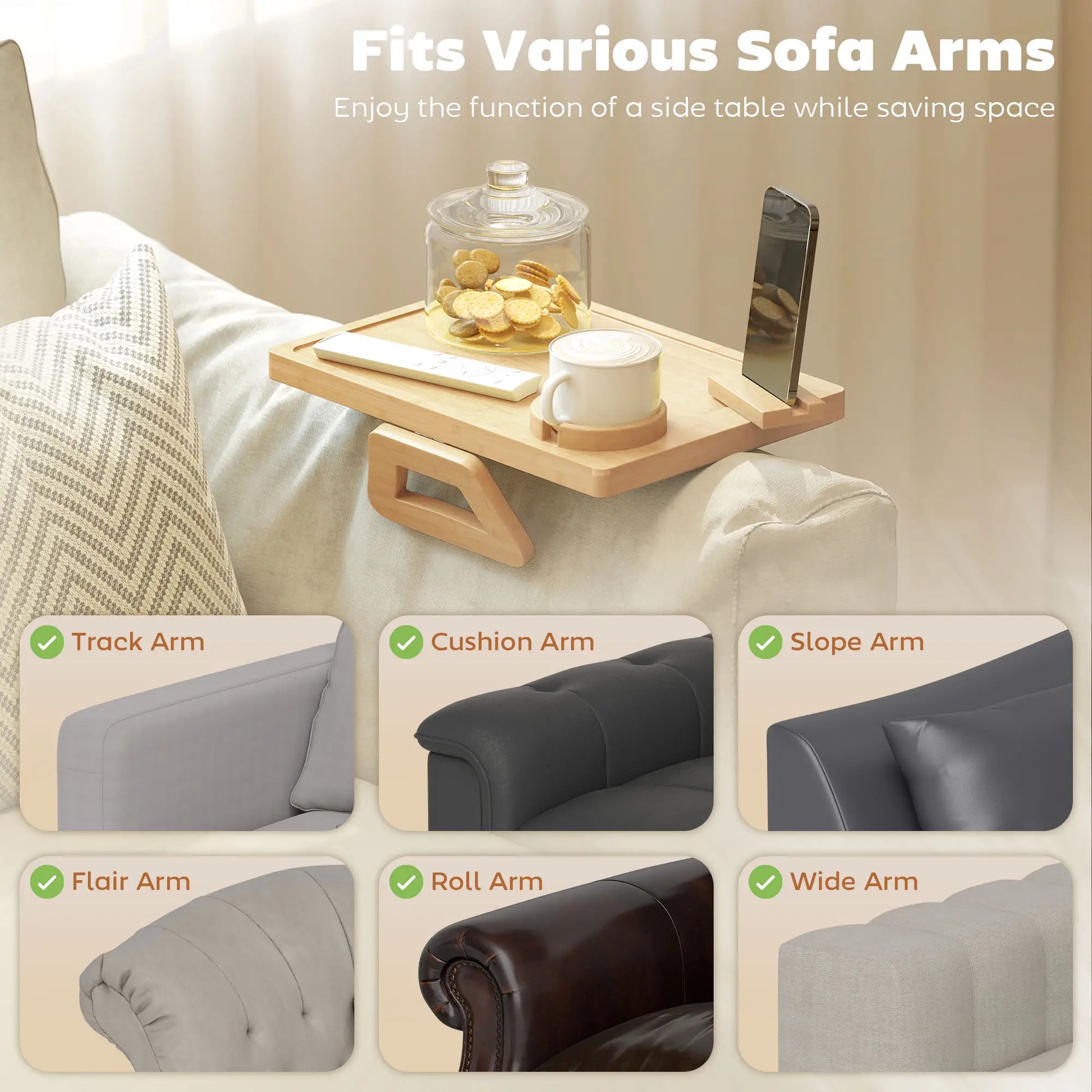 Clip-On Side Table, 360 Rotating Phone Holder, Removable Cup Holder, Natural Living Room Furniture at Gallery Canada