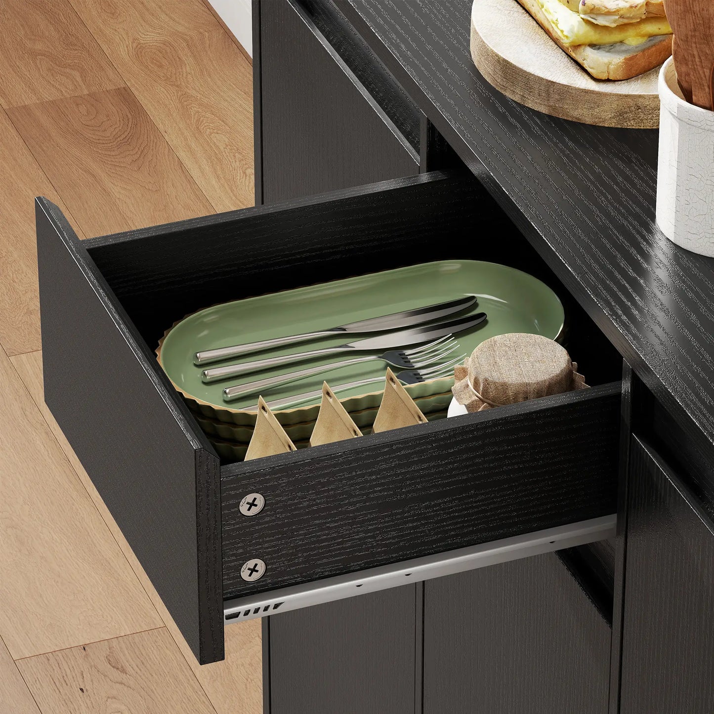 71 Inch Pantry Cabinet with Charging Station, Microwave Stand, Black Kitchen Pantry Cabinets at Gallery Canada