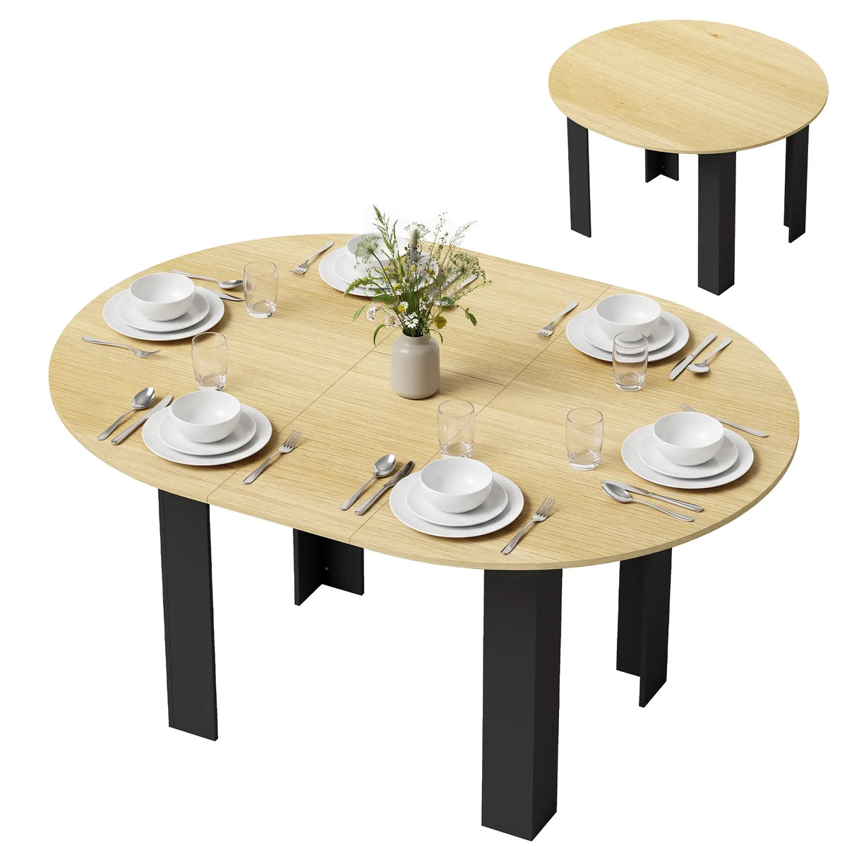 Extendable Round to Oval Dining Table, Oak Black, Black Dining Tables Multi Colour at Gallery Canada