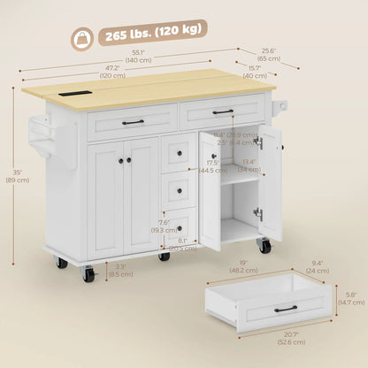 Kitchen Island Cart with Power Outlet, Drop Leaf, 55 Inch, White Kitchen Islands & Kitchen Carts at Gallery Canada