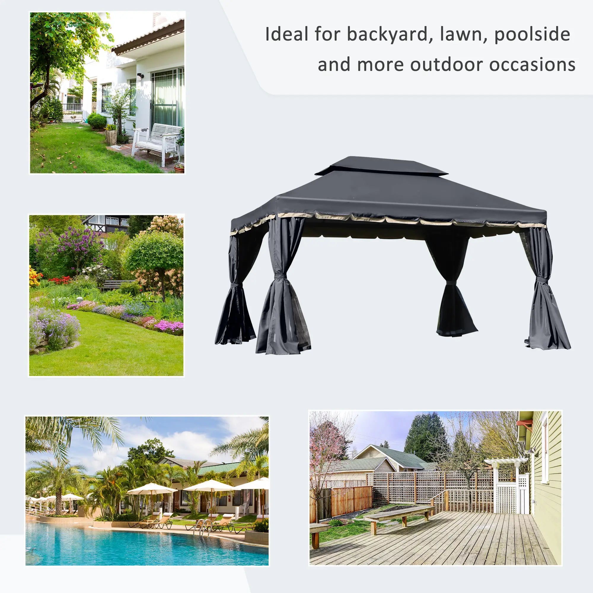 13' x 10' Outdoor Gazebo, 2-Tier Polyester Roof, Vented Mesh, Black Gazebos at Gallery Canada