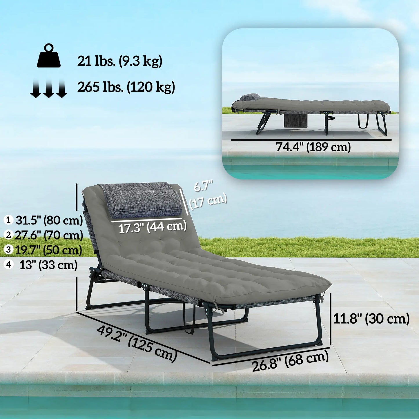 Folding Lounge Chair, 4-Level Reclining Back, Cushion, Grey Lounger Chairs at Gallery Canada
