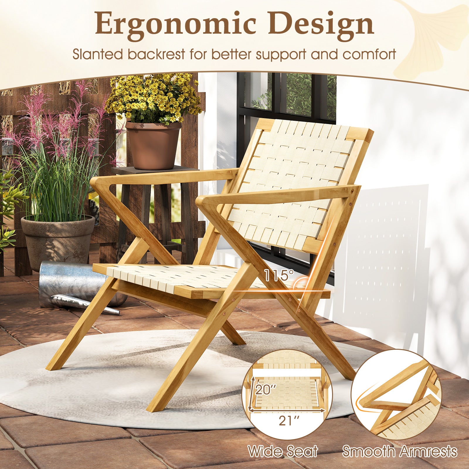 Outdoor and Indoor Teak Wood Patio Chair wuth Webbing Seat and Backrest, Natural Patio Dining Chairs at Gallery Canada
