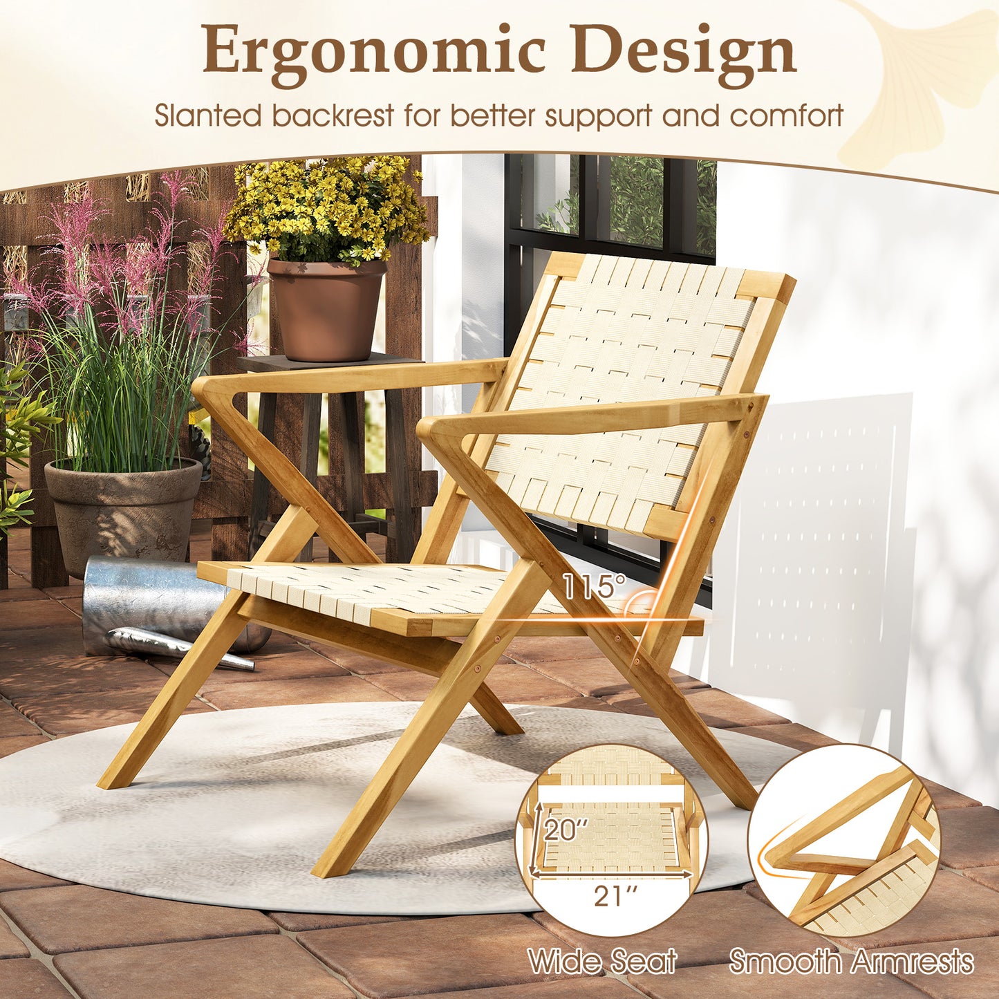 Outdoor and Indoor Teak Wood Patio Chair wuth Webbing Seat and Backrest, Natural Patio Dining Chairs at Gallery Canada
