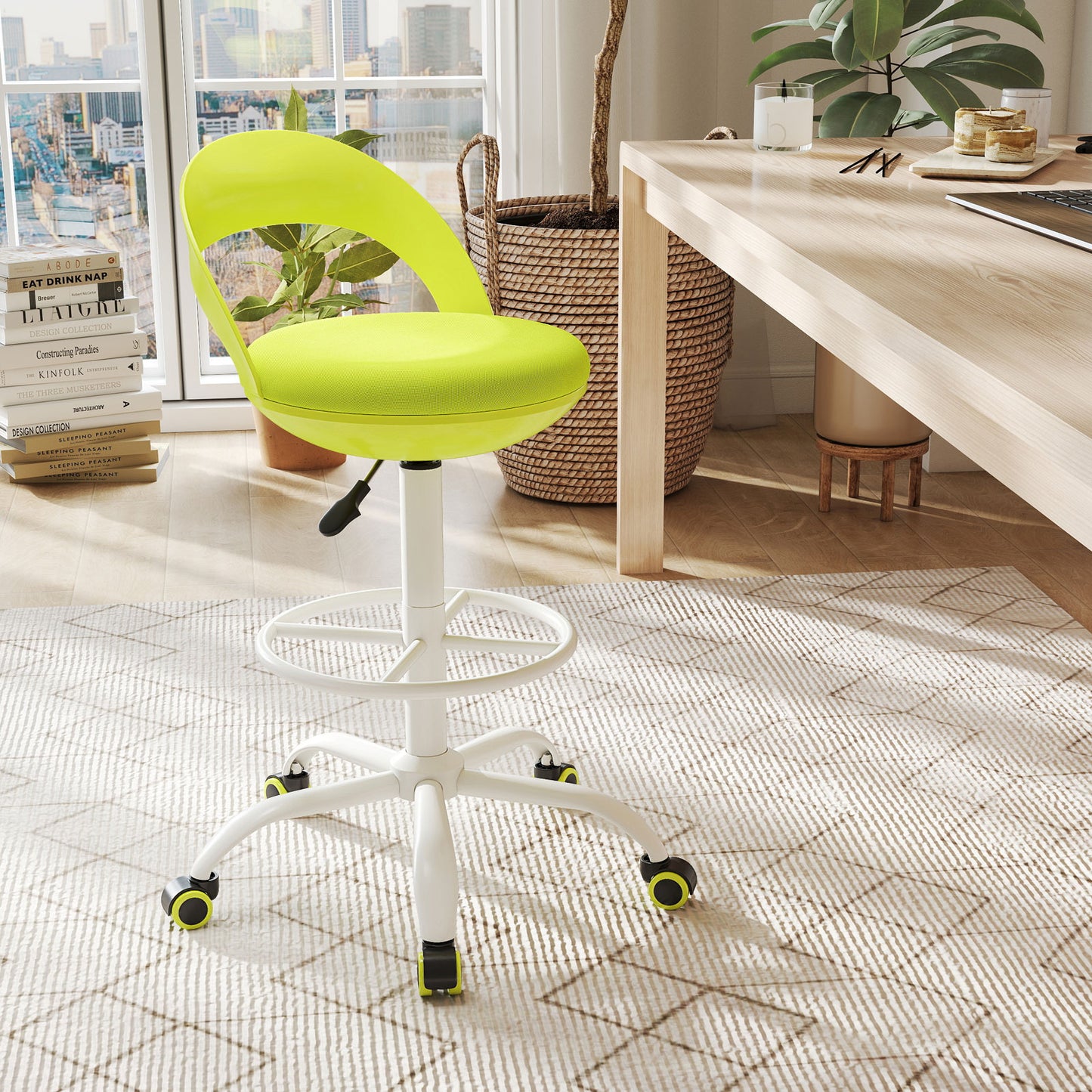 Drafting Stool Rolling Tall Desk Chair with Wheels, Green Armless Chairs at Gallery Canada