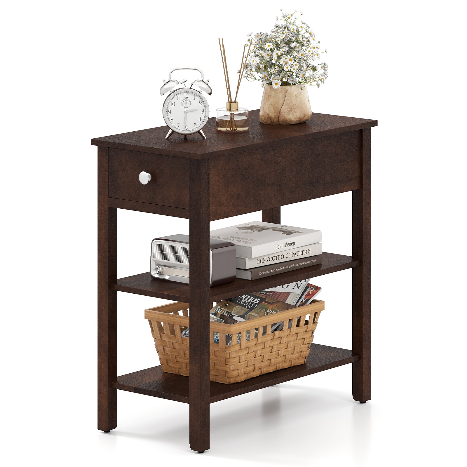 3-Tier Narrow End Table with Drawer and Storage Shelves, Walnut Living Room at Gallery Canada
