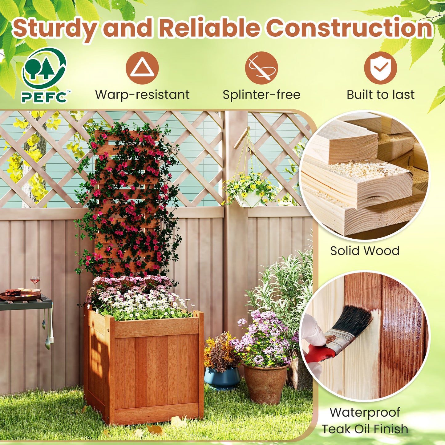 Outdoor Wooden Raised Garden Bed with Trellis, Natural Raised Garden Beds at Gallery Canada