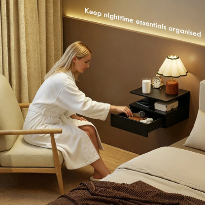 Floating Nightstand Set of 2, Wall Mounted Bedside Table with with Power Outlets, Drawer and Shelf, Black