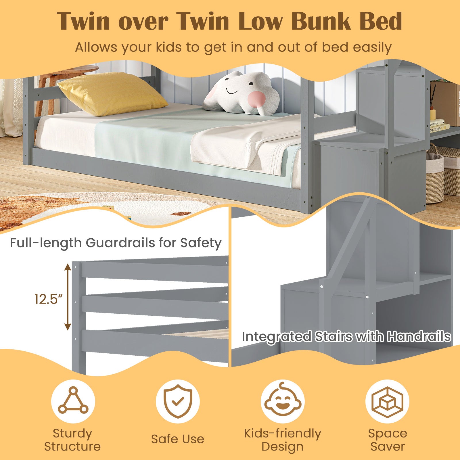 Twin Over Twin Low Bunk Bed with Storage Stairs Solid Wood Floor Bunk Bed Frame, Gray Bunk Bed Frame at Gallery Canada