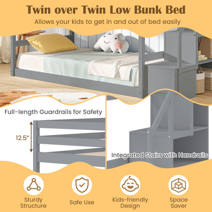 Twin Over Twin Low Bunk Bed with Storage Stairs Solid Wood Floor Bunk Bed Frame, Gray Bunk Bed Frame at Gallery Canada