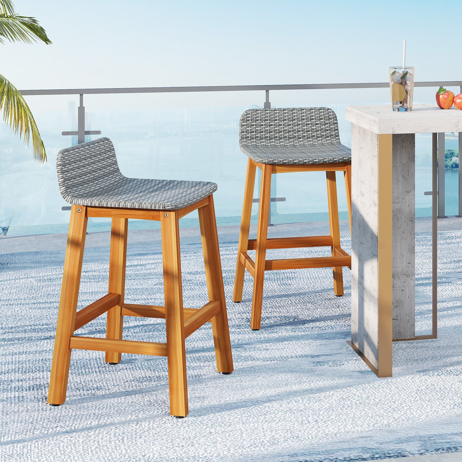 Solid Acacia Wood Bar Stools Set of 2 with Backrests and Footrests for Porch, Gray Patio Bar Furniture at Gallery Canada