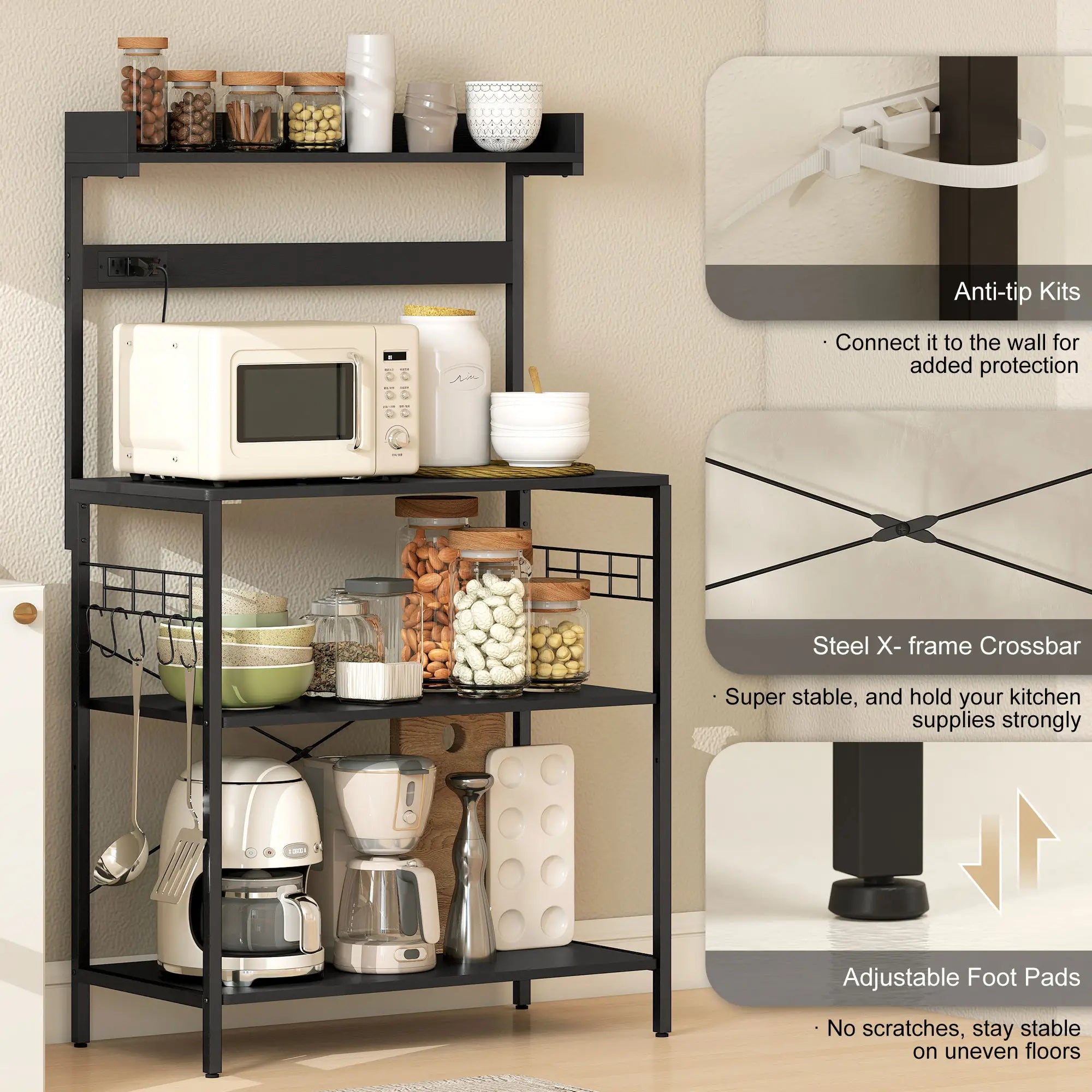 Kitchen Baker's Rack with Power Outlet, Coffee Bar Station with Adjustable Shelves and Hooks, Rustic Brown Bar Cabinets at Gallery Canada