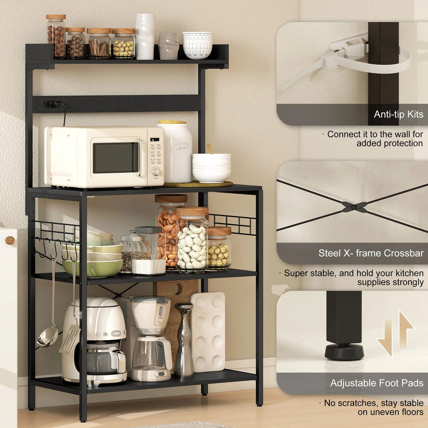 Kitchen Baker's Rack with Power Outlet, Coffee Bar Station with Adjustable Shelves and Hooks, Rustic Brown Bar Cabinets at Gallery Canada