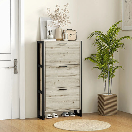 Shoe Cabinet, 3 Flip Drawer, Narrow for 15 Pairs, Walnut