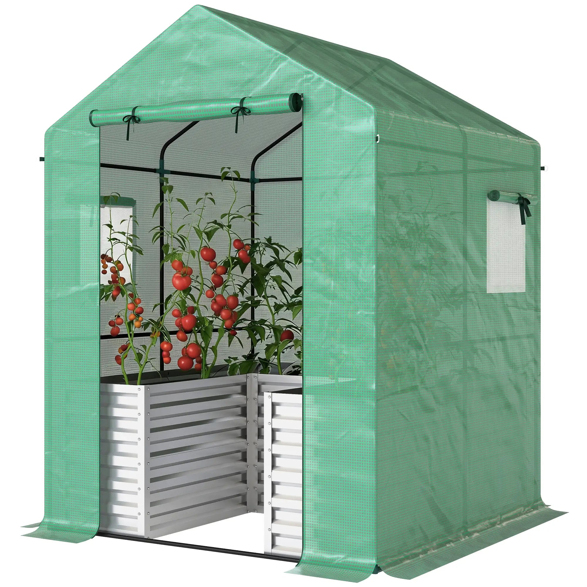 Greenhouse With Raised Garden Bed, Galvanized Metal Planter Box, 56