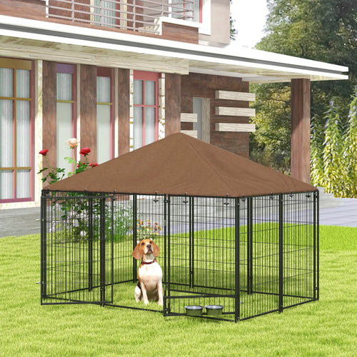 6.9' x 4.6' x 5' Outdoor Dog Kennel, Canopy, Rotating Bowls, Coffee