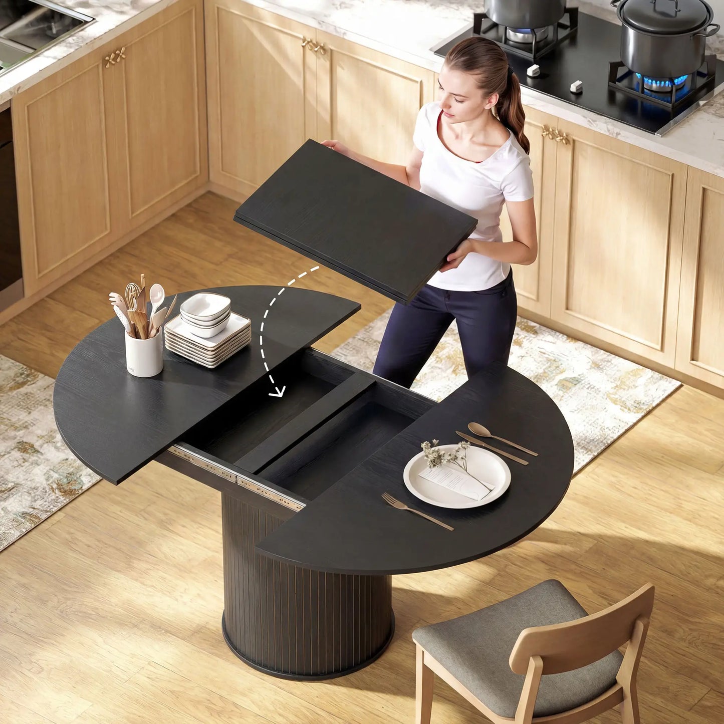 Extendable Kitchen Table, 43.5"-59", Black Wood Grain, Pedestal Base, Black Dining Tables at Gallery Canada