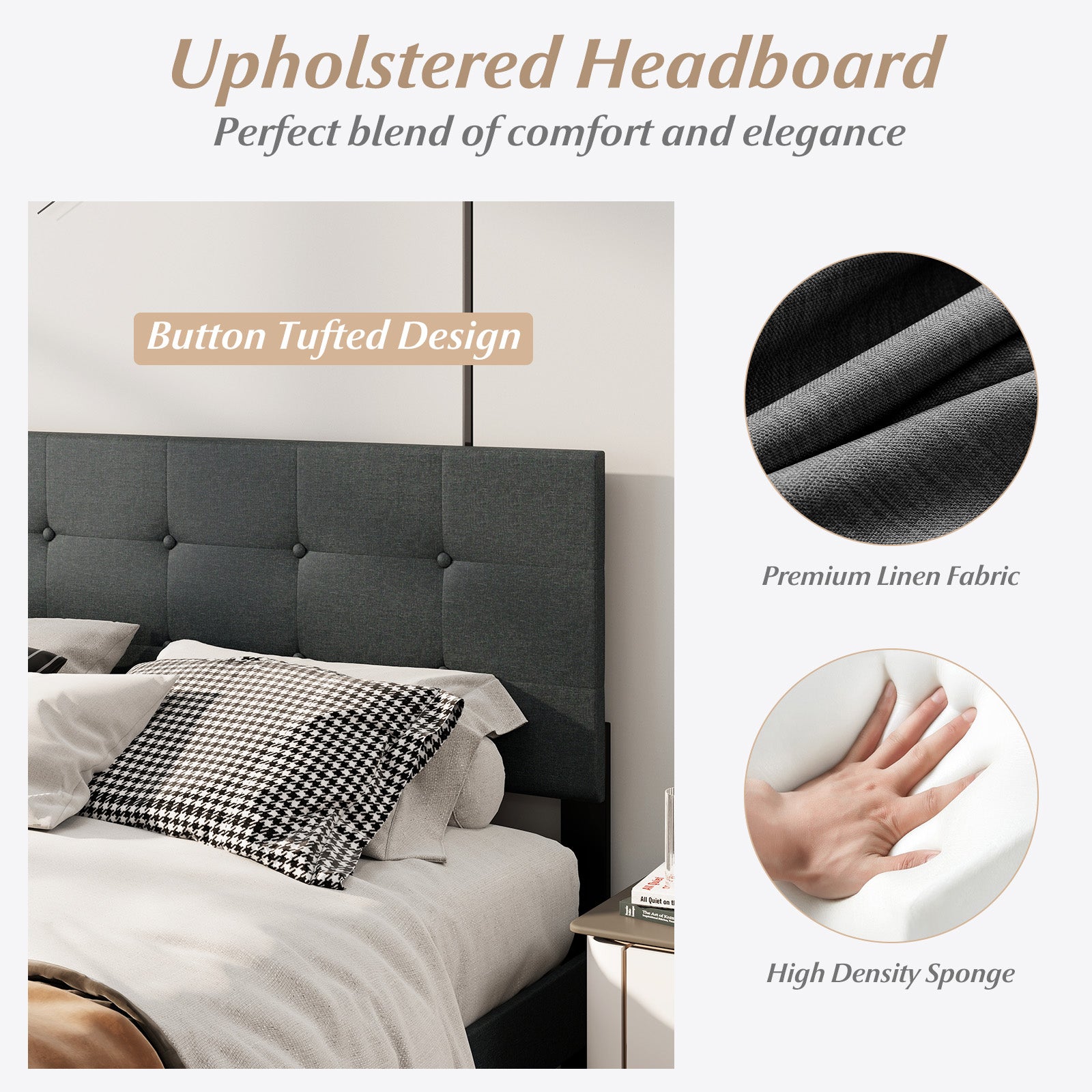 Queen Size Upholstered Bed Frame Linen Platform Bed, Dark Gray Simple Bed Frame at Gallery Canada