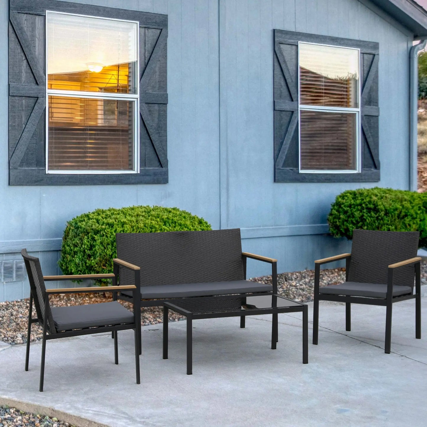 4-Piece Wicker Patio Set, Outdoor Rattan Chairs, Loveseat, Glass Table, Black Patio Furniture Sets at Gallery Canada