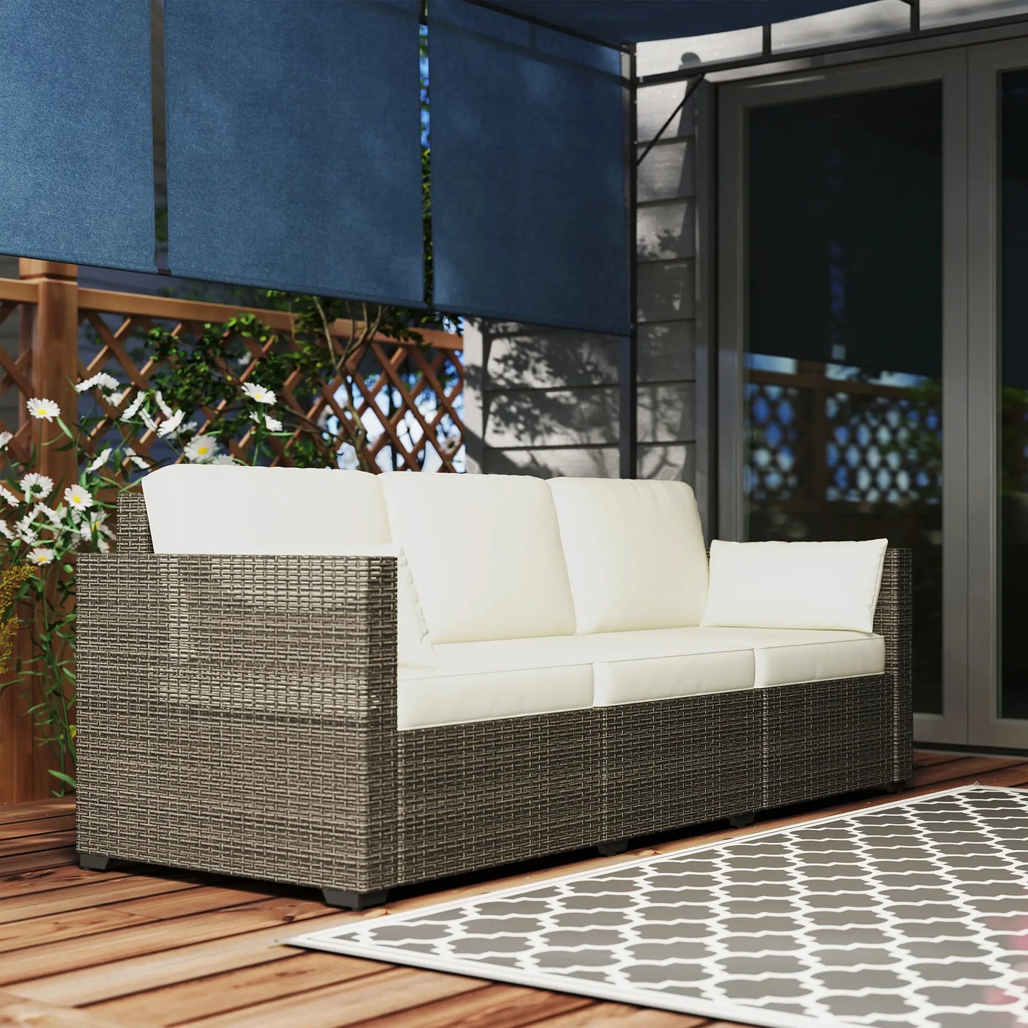 3-Seater Outdoor Sofa, PE Rattan Patio Couch, Cream White Patio Furniture Sets at Gallery Canada