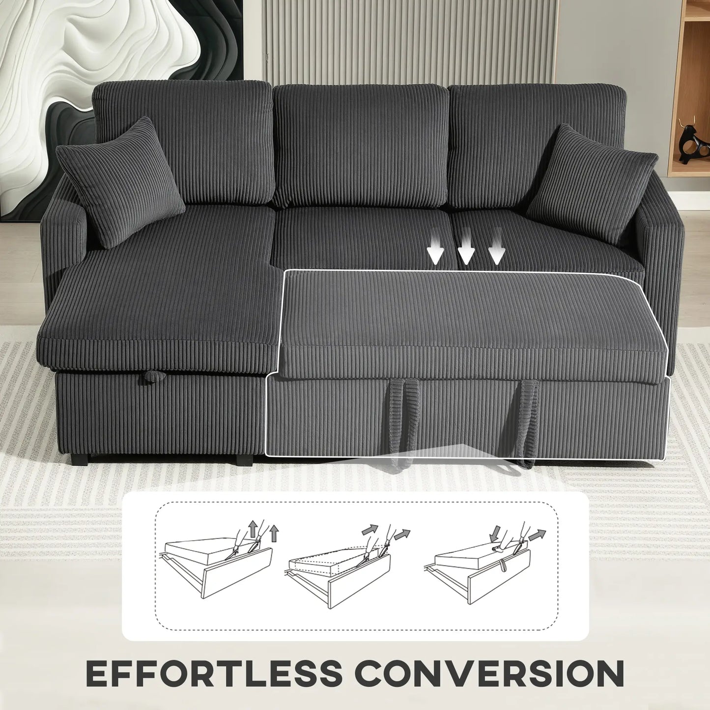 81" Sofa Bed, Pull Out Sleeper with Storage, Corduroy Convertible Couch, Dark Grey Sofas & Reclining Chairs at Gallery Canada