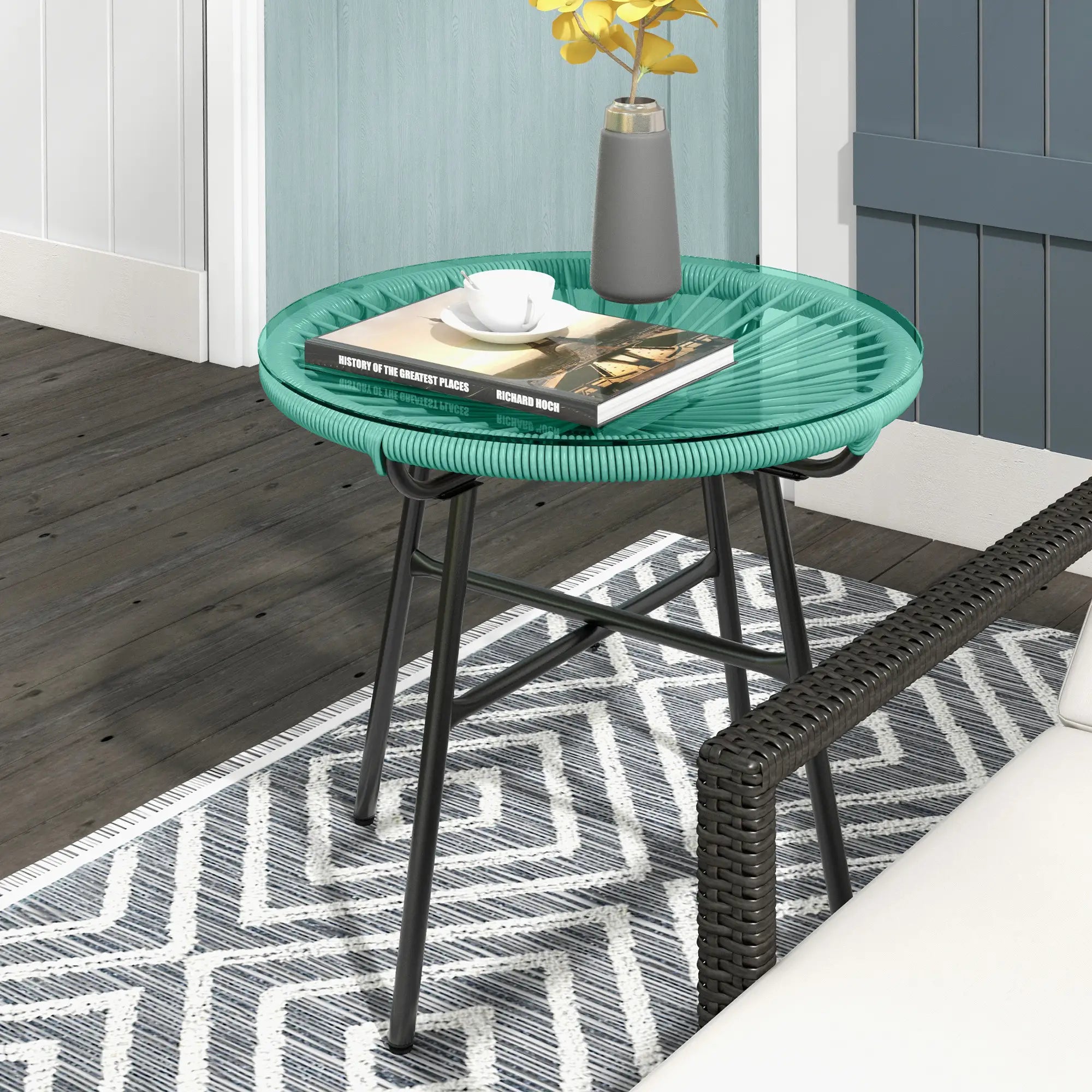 Round Outdoor Rattan Side Table, Tempered Glass Top, Light Green Patio Side Tables at Gallery Canada