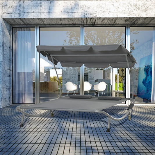 Double Patio Lounger, Adjustable Canopy, Headrest Pillows, 2 Wheels, Grey Lounger Chairs Grey at Gallery Canada